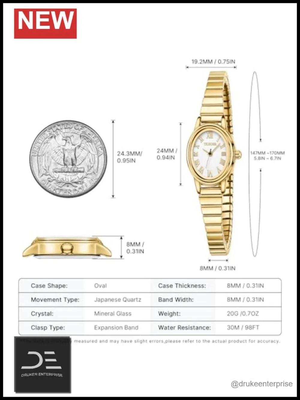 Small Gold Watches for Women, Oval Case, Stainless Steel Expansion Band,